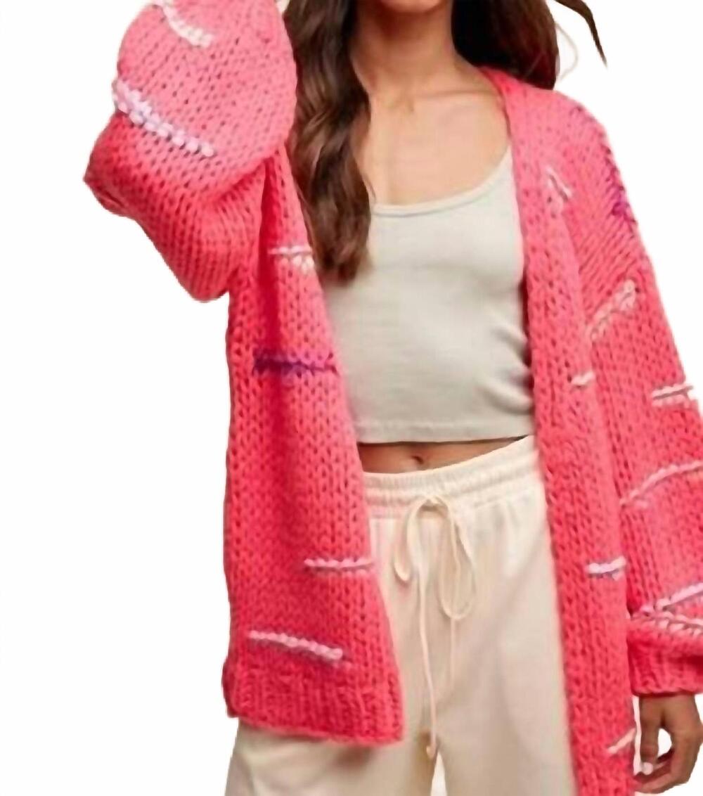 NEW LISTICLE hand crochet knit stripe design open cardigan in hot pink